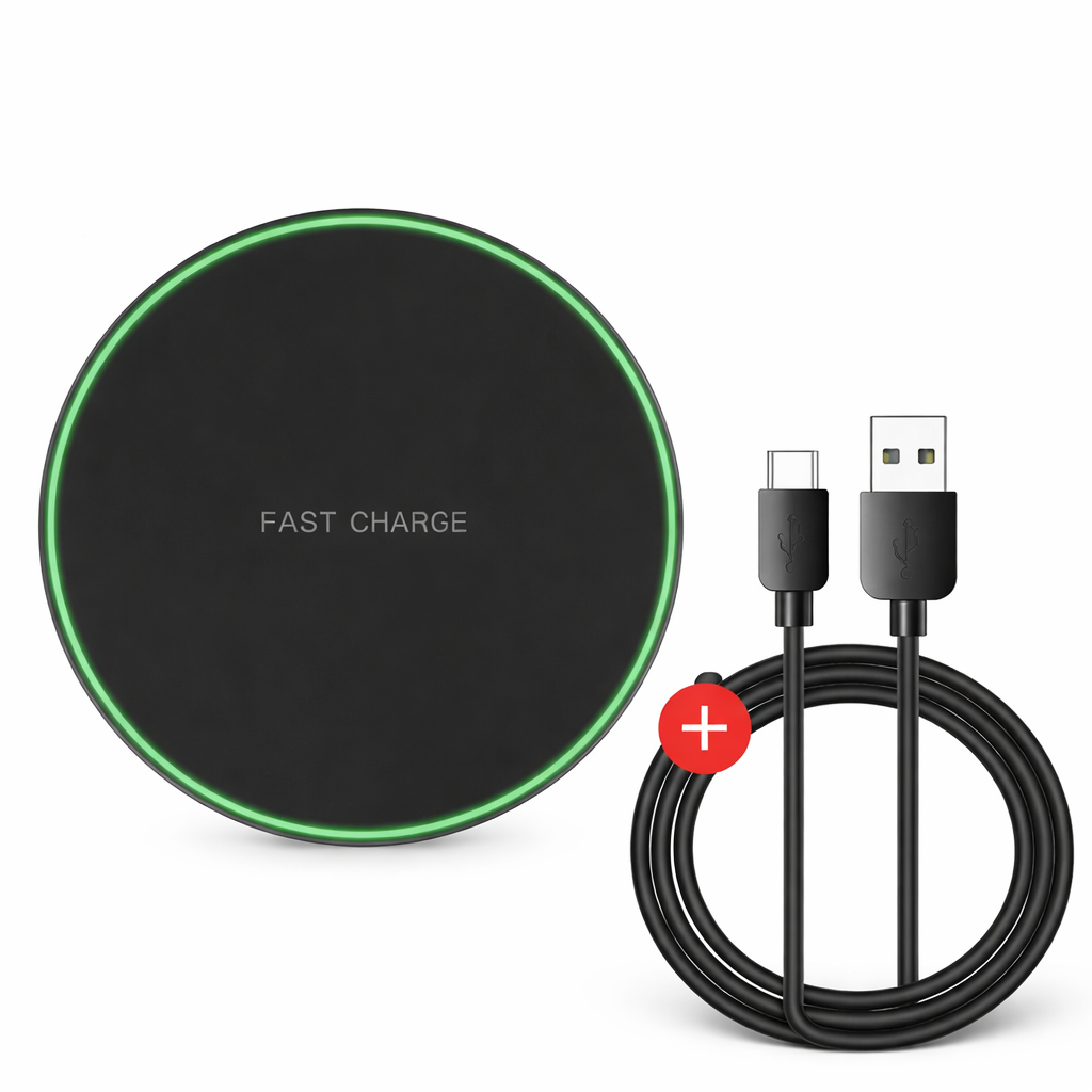 Wireless charging pad with green edge and USB cable on a white background