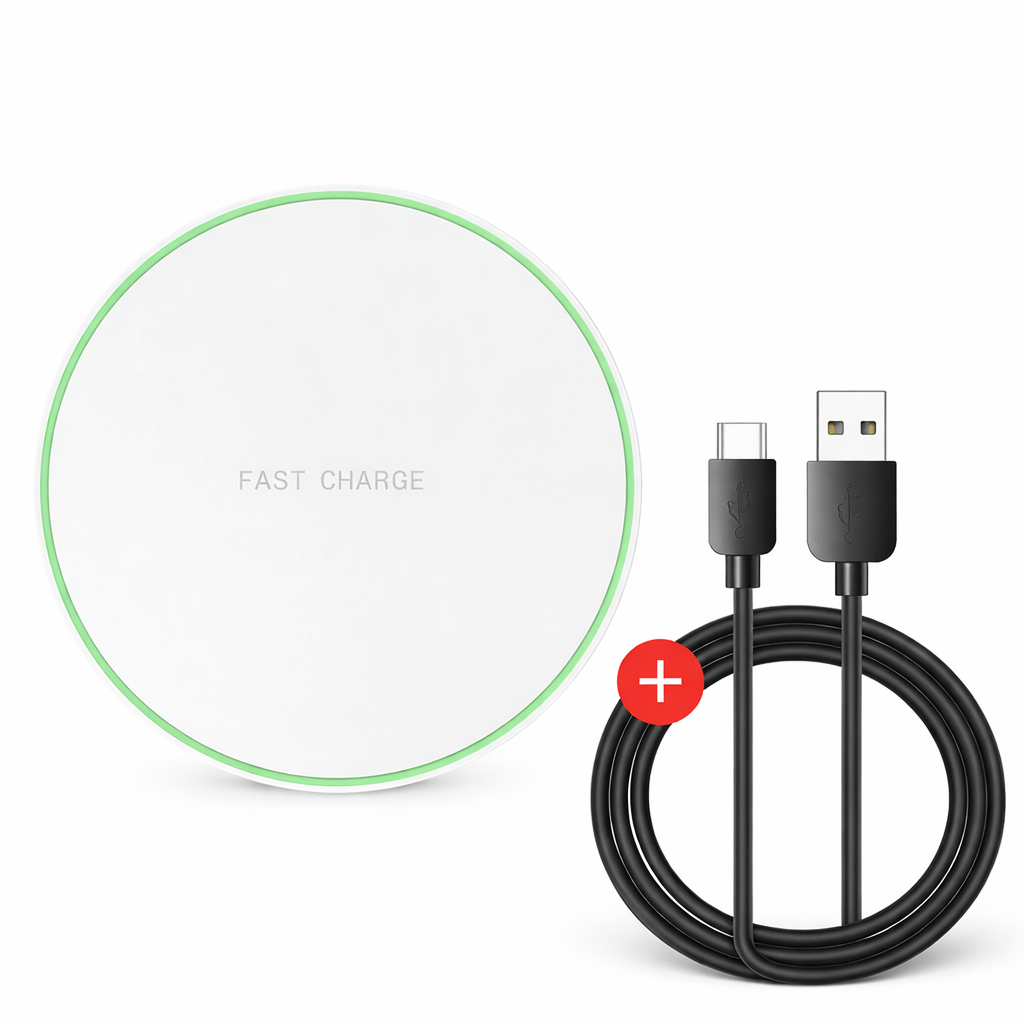 Wireless charging pad and USB cable on a white background