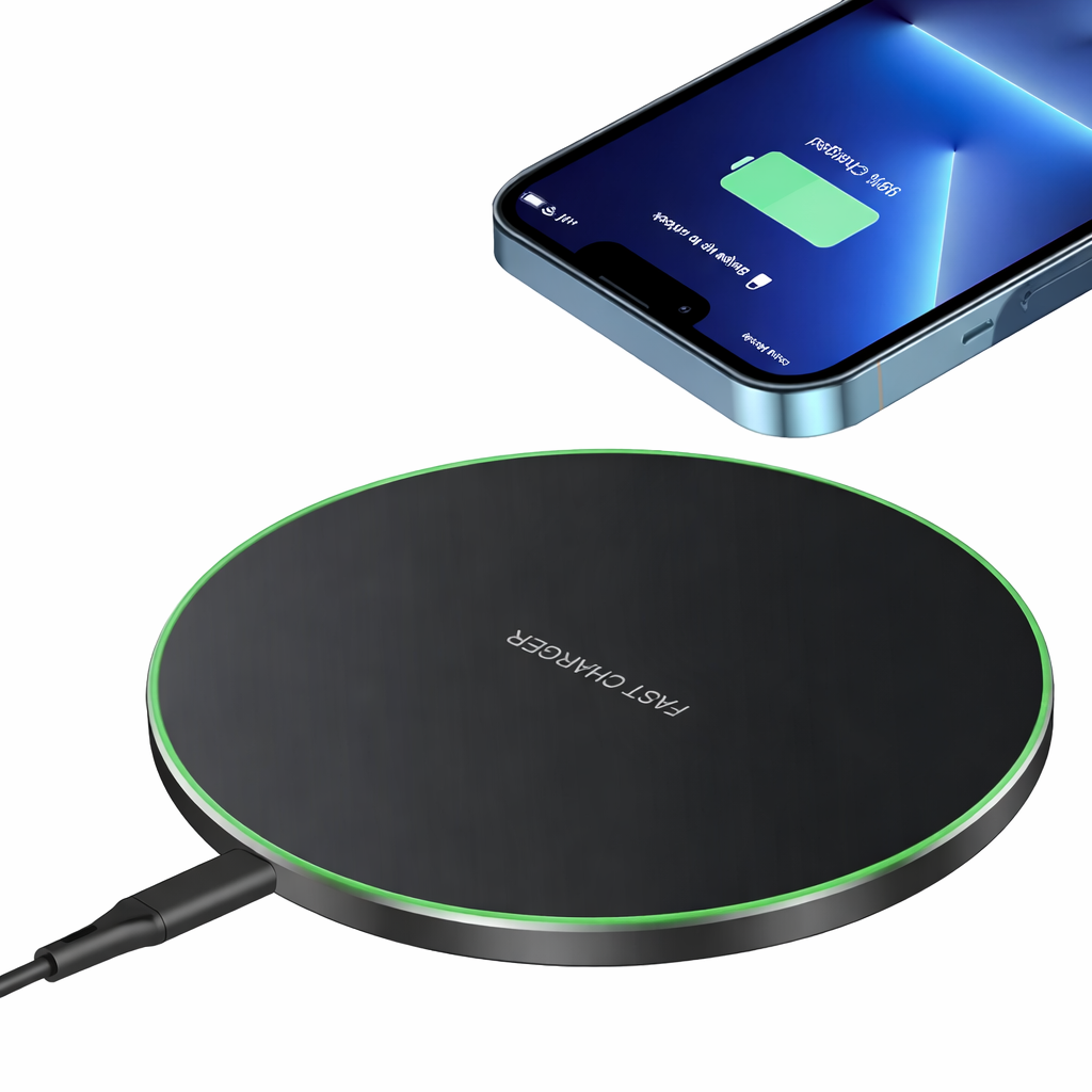 Wireless charger with a smartphone on a white background