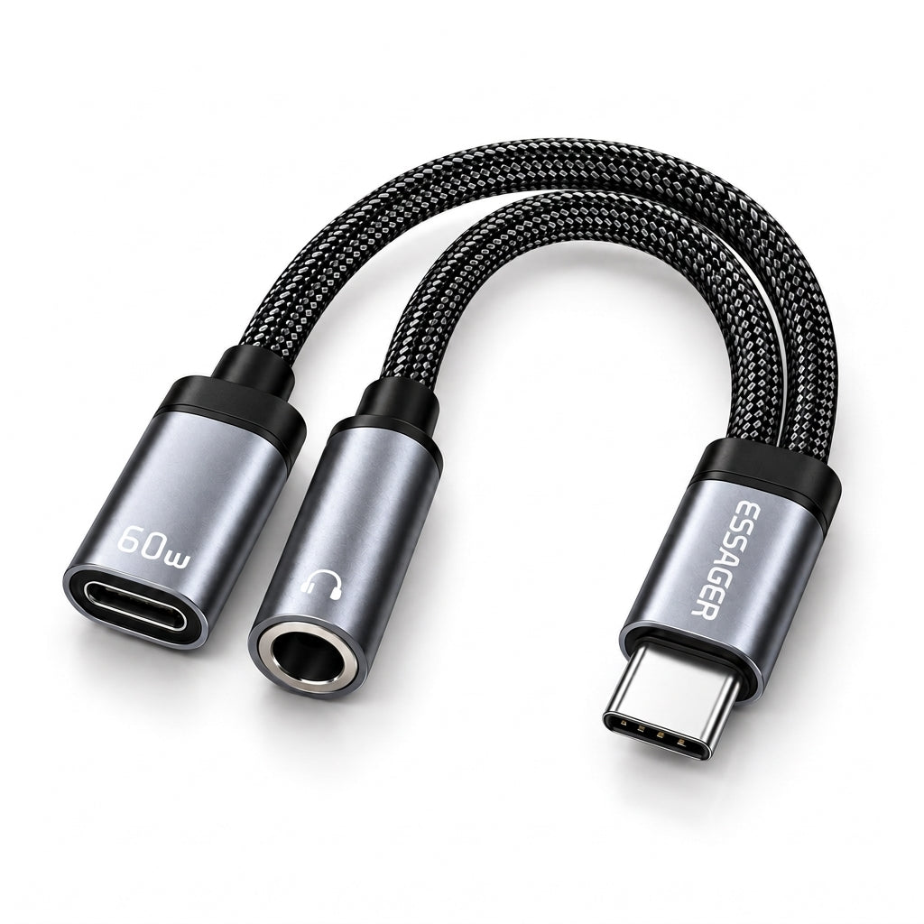 A black and silver ESSGGER USB-C to 3.5mm audio adapter cable, featuring a braided black cable body and metallic silver and black connectors, shown on a clean white background.