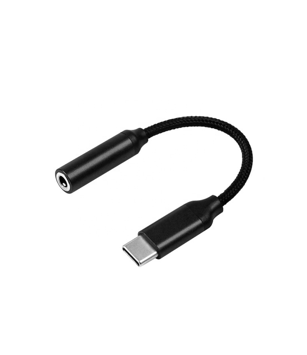 Black USB-C to 3.5mm audio adapter on a white background