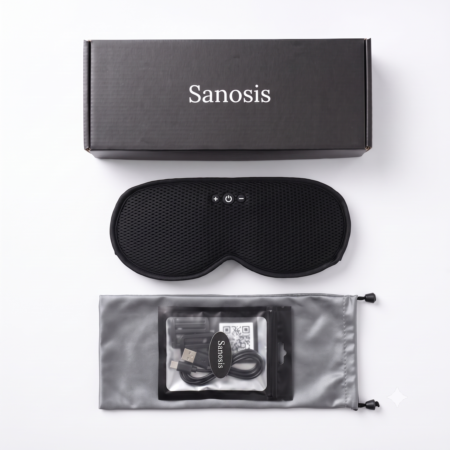 Sanosis sleep mask set with black packaging box, black sleep mask, gray drawstring pouch, and USB charging cable on a white background.