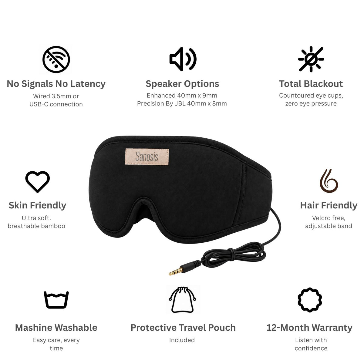 Sanosis Ascend Bamboo wired sleep headphones with 3.5mm audio cable and beige Sanosis brand patch
