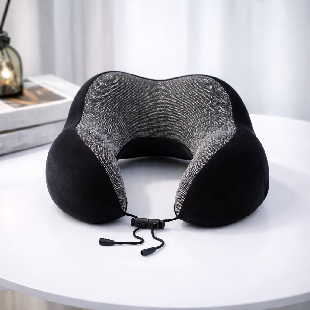 Black travel neck pillow on a white surface with a blurred background
