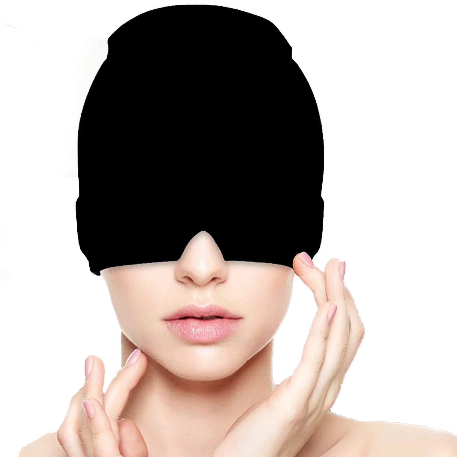 Person wearing a black pain relief mask on a white background