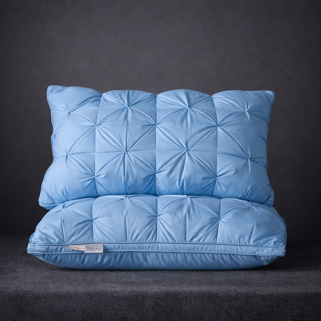 Blue quilted pillow on a dark background