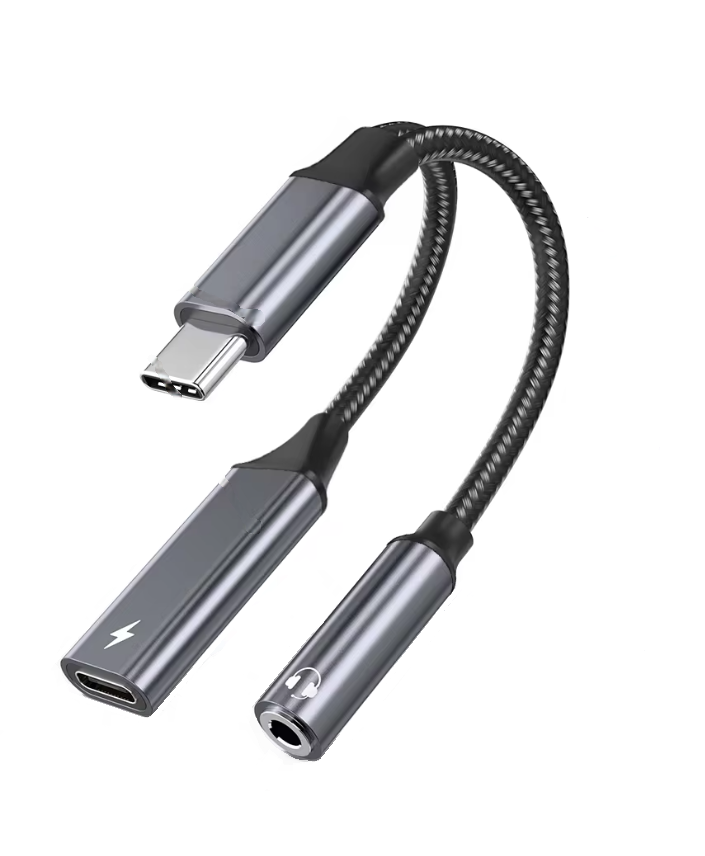 Multi-device adapter cable with USB-C, USB-A, and 3.5mm jack on a white background