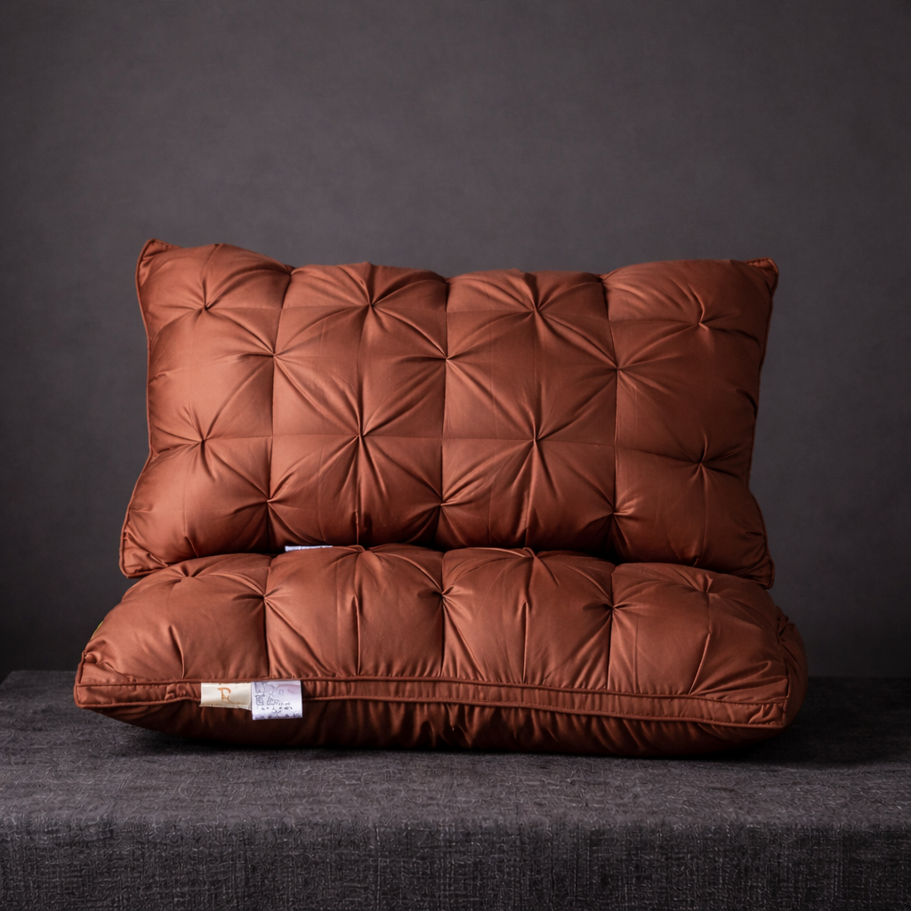 Brown cushion with quilted pattern on a dark background