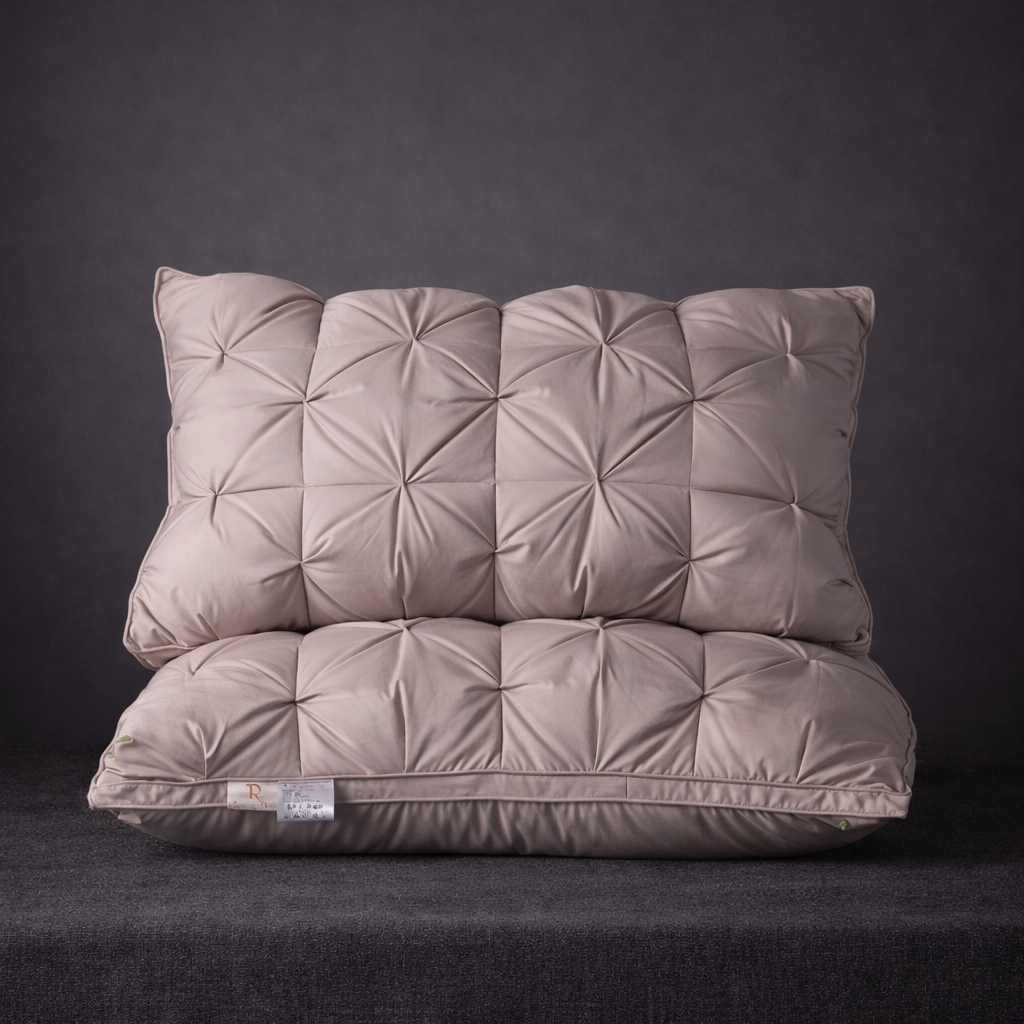 Pair of beige quilted pillows on a dark background