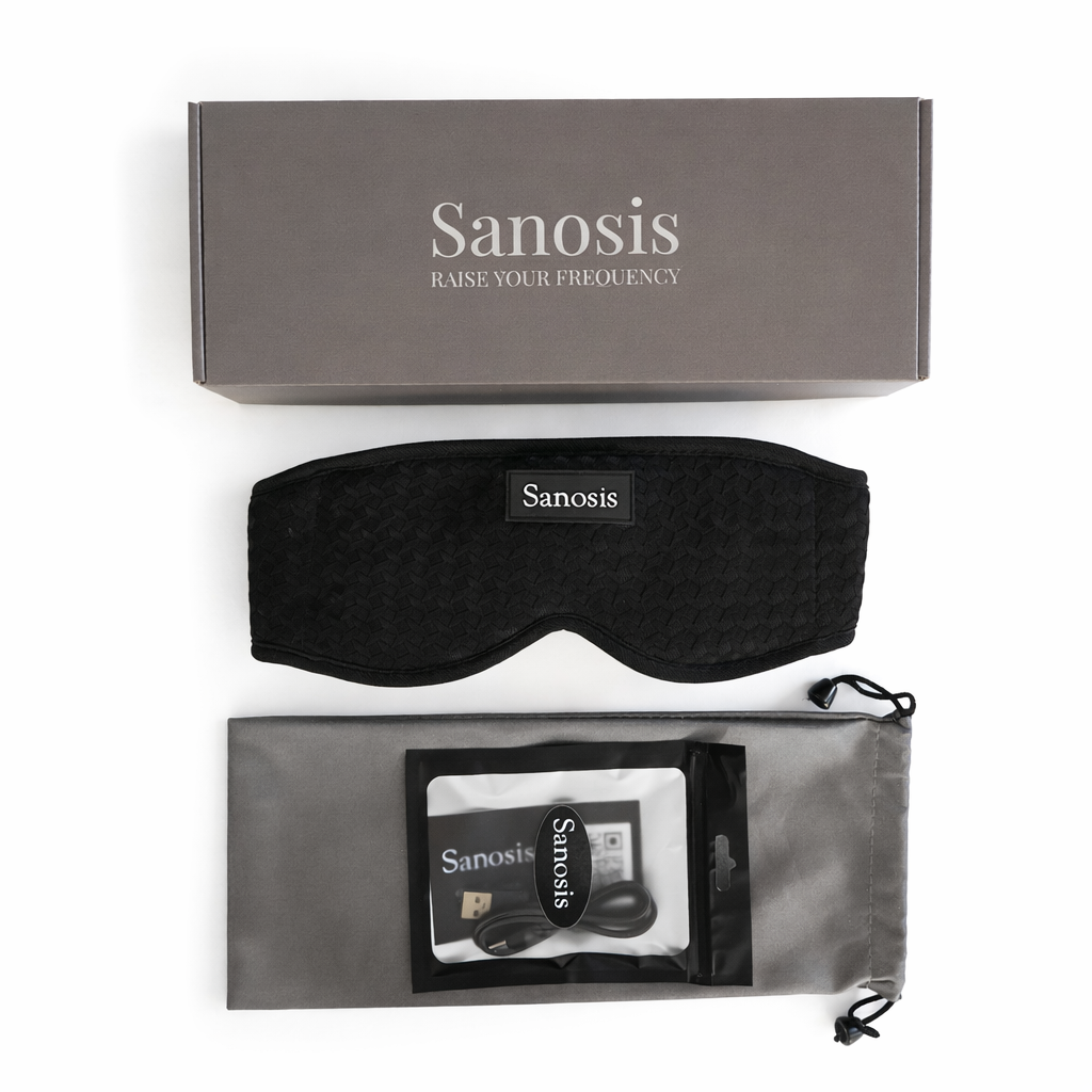 Sanosis Bluetooth sleep mask headphones set with a black quilted sleep mask, gray storage pouch, and branded box on a white background.