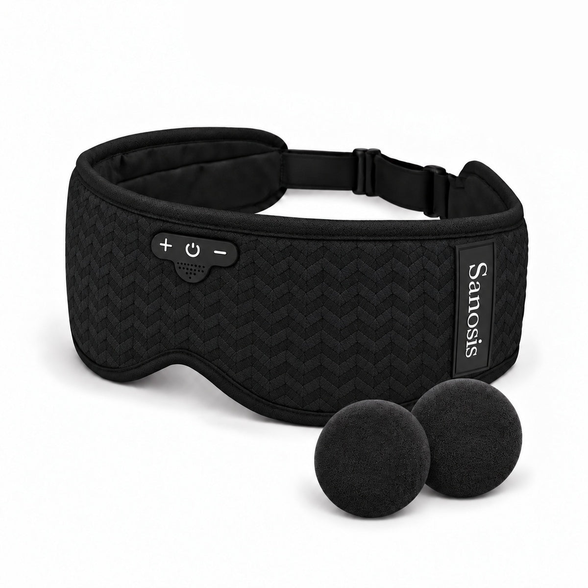 Sanosis Guardian wireless sleep headphones with WaveShield: black 3D contoured mask with built-in controls and adjustable strap
