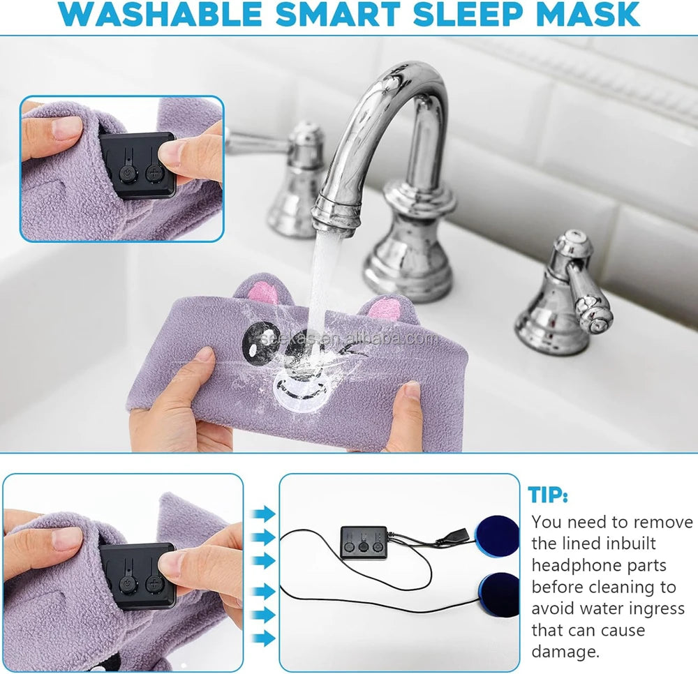 Washable smart sleep mask being cleaned under running water with instructions on how to remove earbud parts.