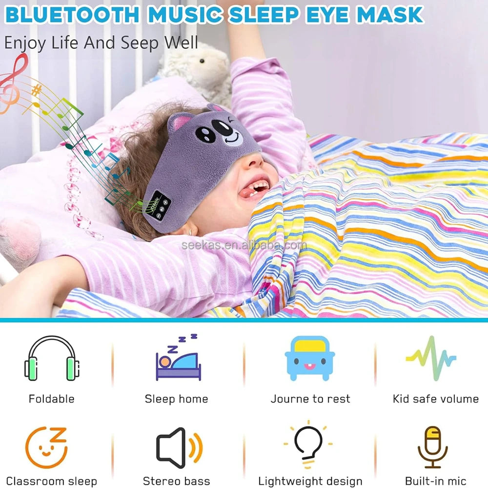 Child wearing a Bluetooth music sleep eye mask with product features listed below.
