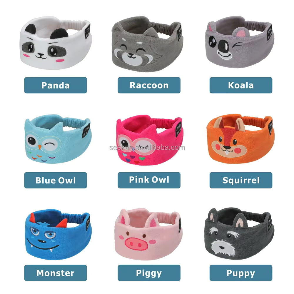 Collection of animal-themed sleep mask headphones with labels on a white background