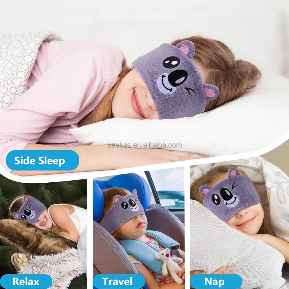 Child wearing a purple bear-shaped sleep mask with various usage scenarios shown.