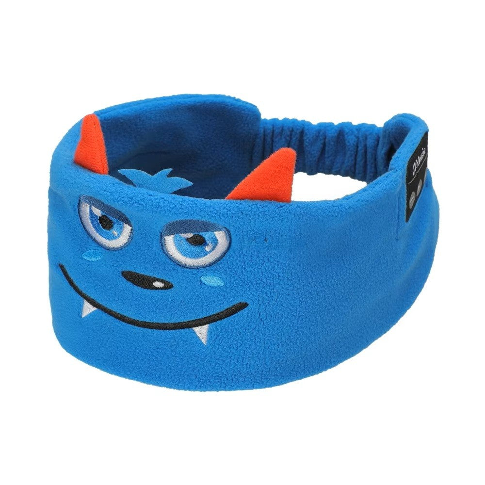 Blue sleep mask headphones with monster face design on a white background
