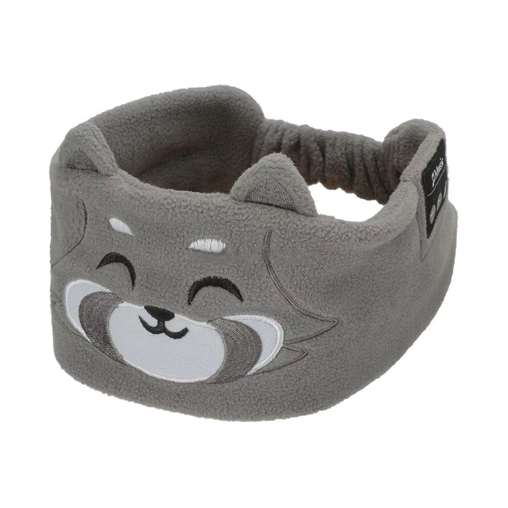 Gray sleep mask headphones with cartoon raccoon design on a white background