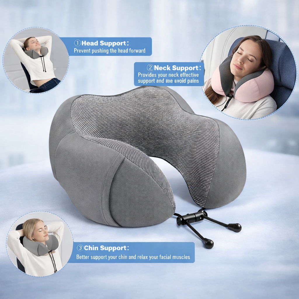 Gray travel neck pillow with illustrations of head, neck, and chin support on a light blue background.