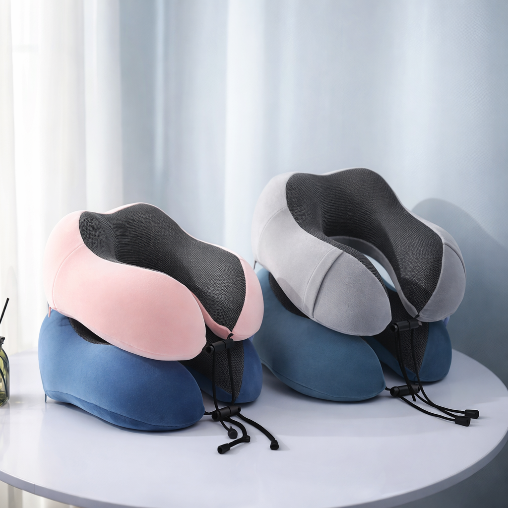 Three neck pillows in blue, pink, and gray on a white surface with a light gray curtain background.