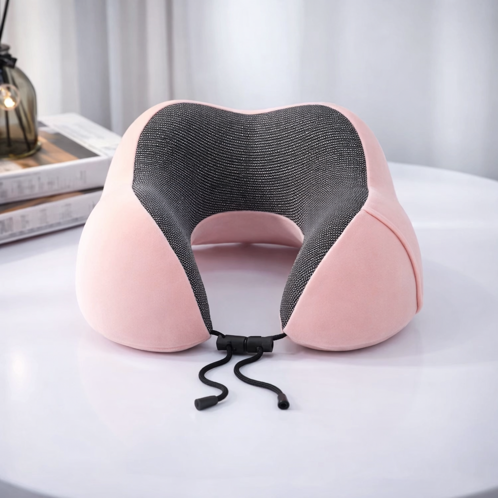 Pink neck pillow with black mesh on a white surface