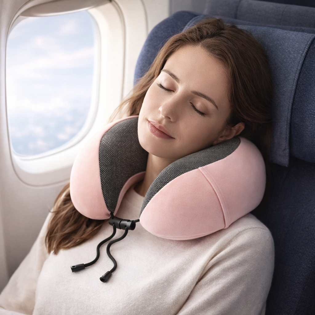 Woman using a pink travel neck pillow on an airplane
