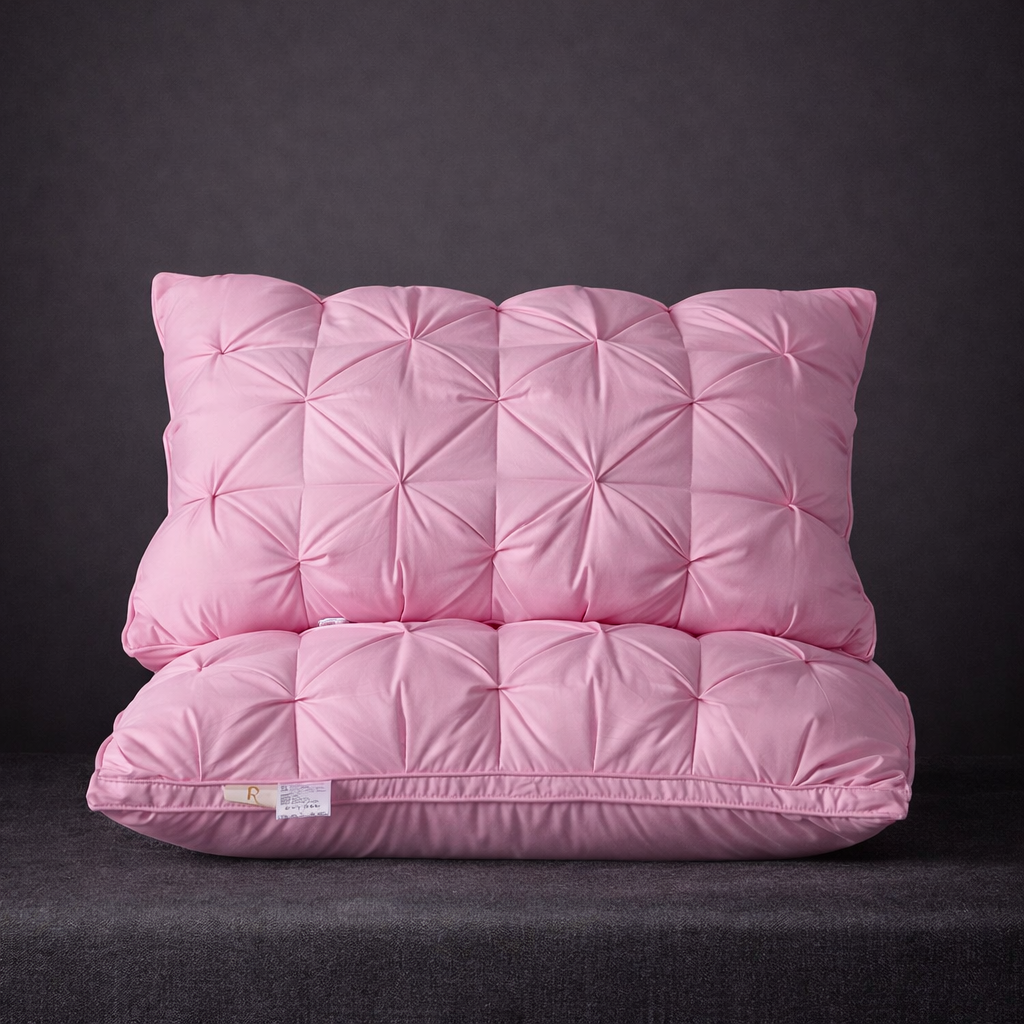 Pink quilted pillow on a dark gray background