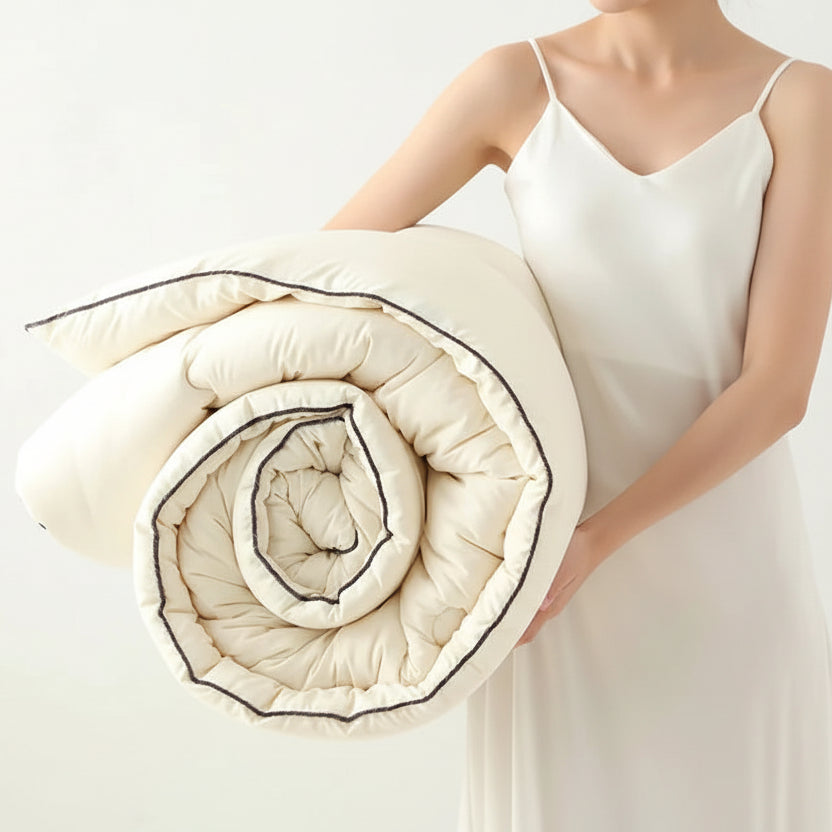 Person holding a rolled-up beige mattress topper with labels on a white background