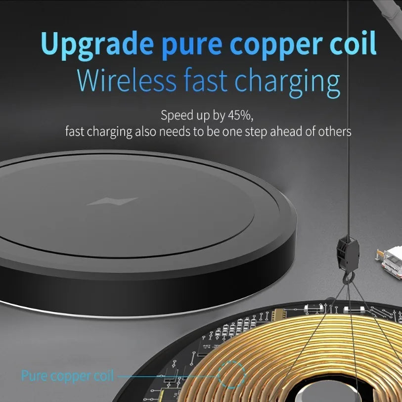 Wireless charging pad with pure copper coil and text highlighting fast charging capabilities.