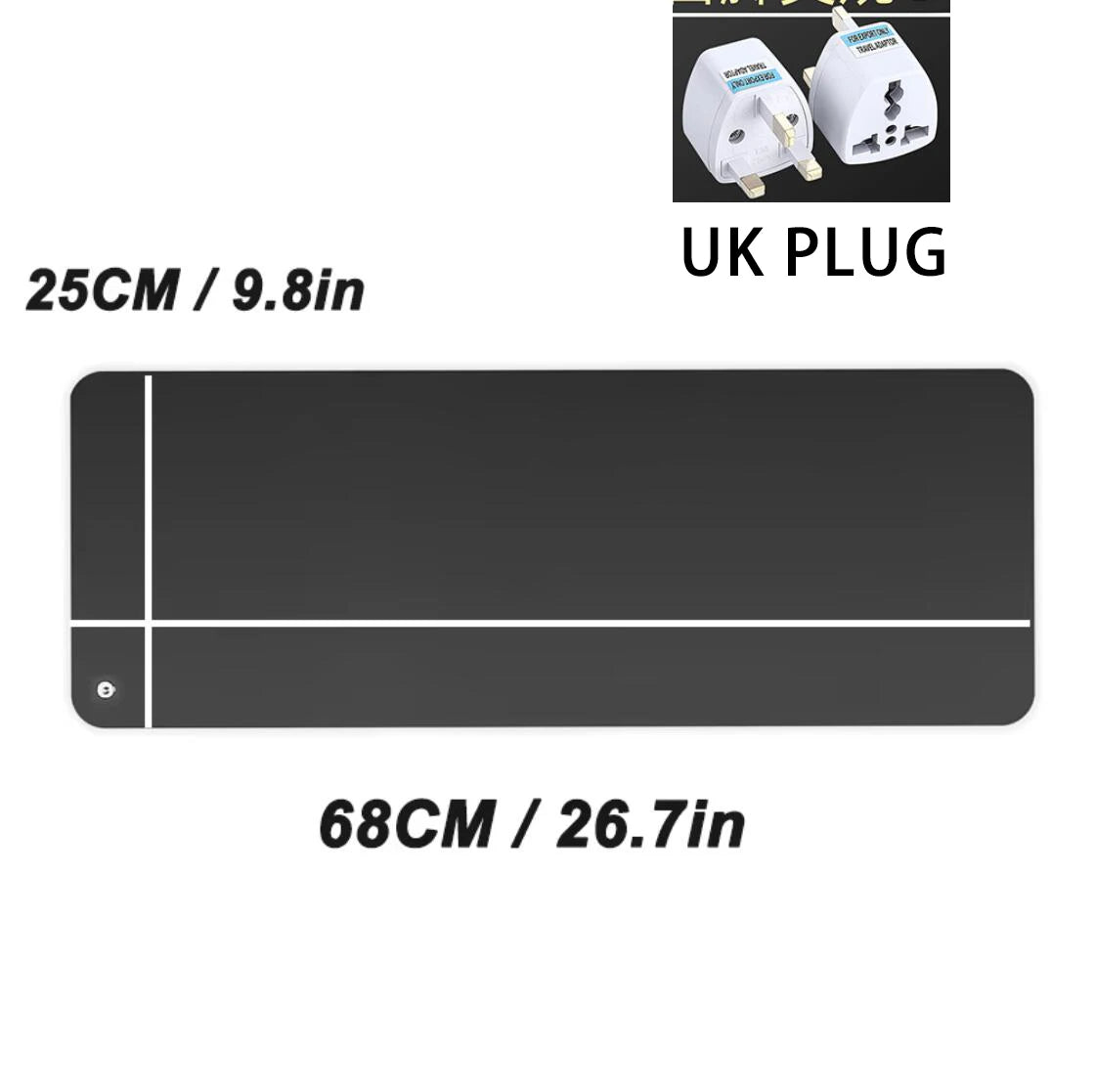 Measurement chart with UK plug illustration and dimensions on a white background