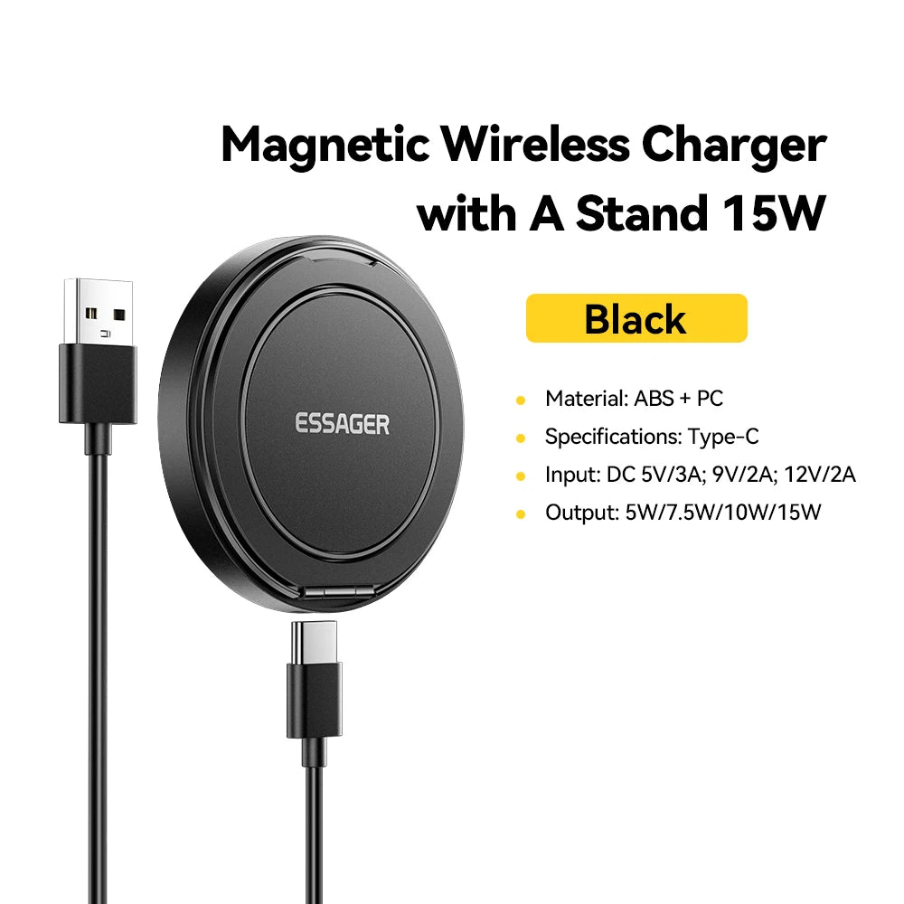Magnetic wireless charger with stand 15W by Essager on a white background