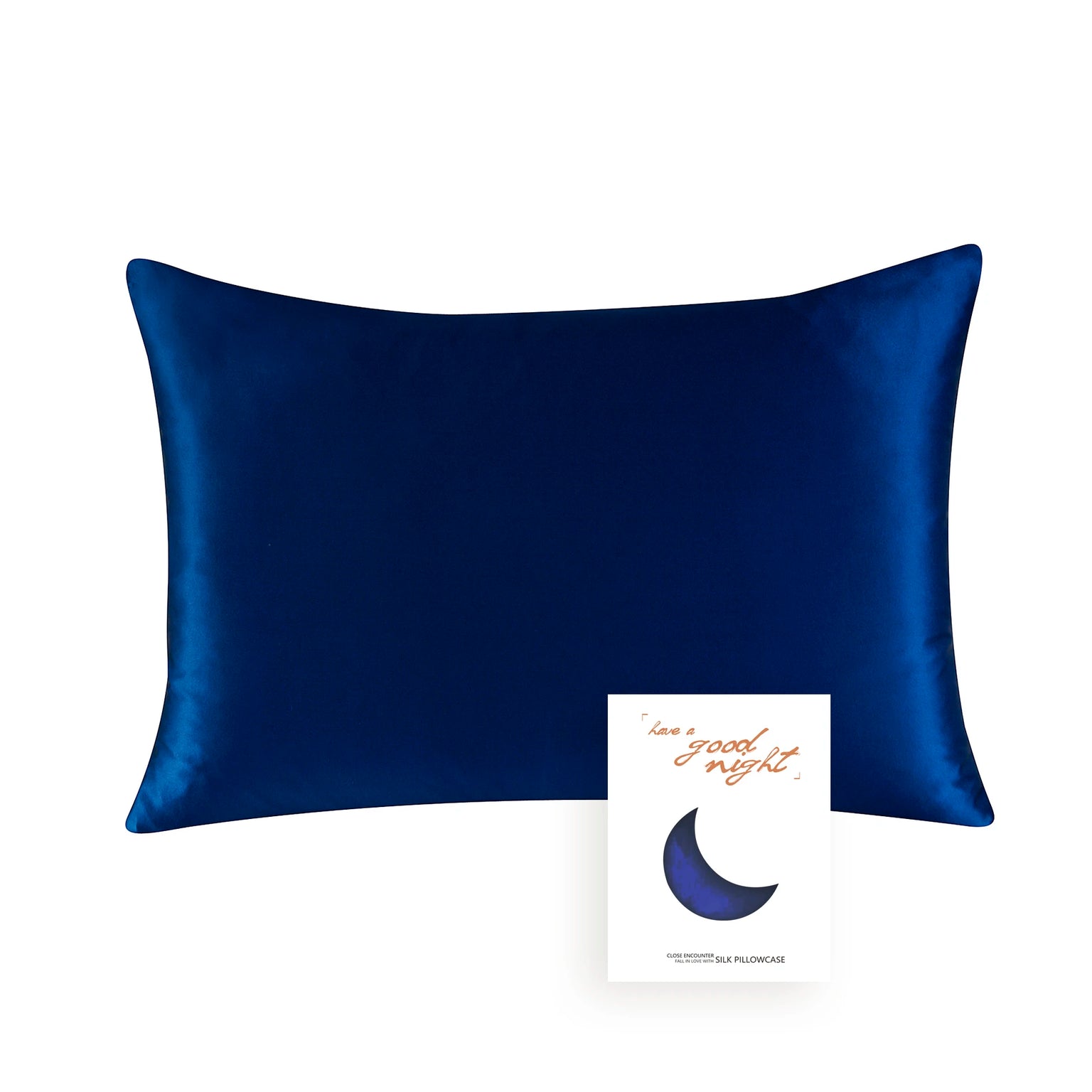 Blue satin pillowcase with a card on a white background