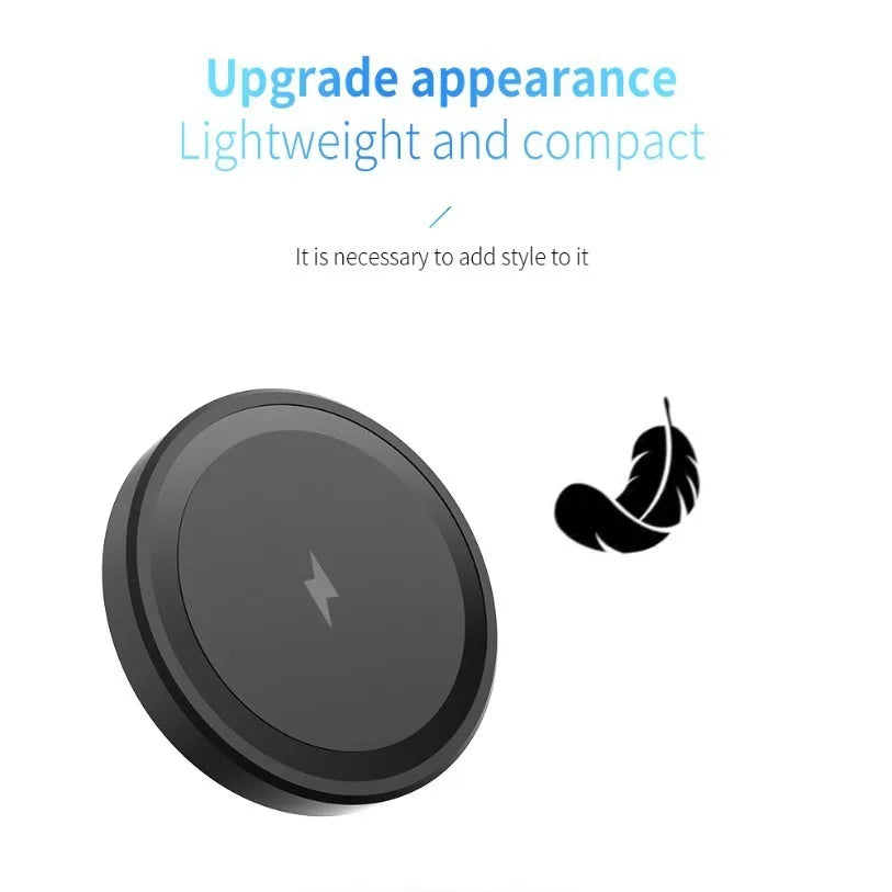 Black circular object with a feather icon on a white background, labeled 'Upgrade appearance' and 'Lightweight and compact'.