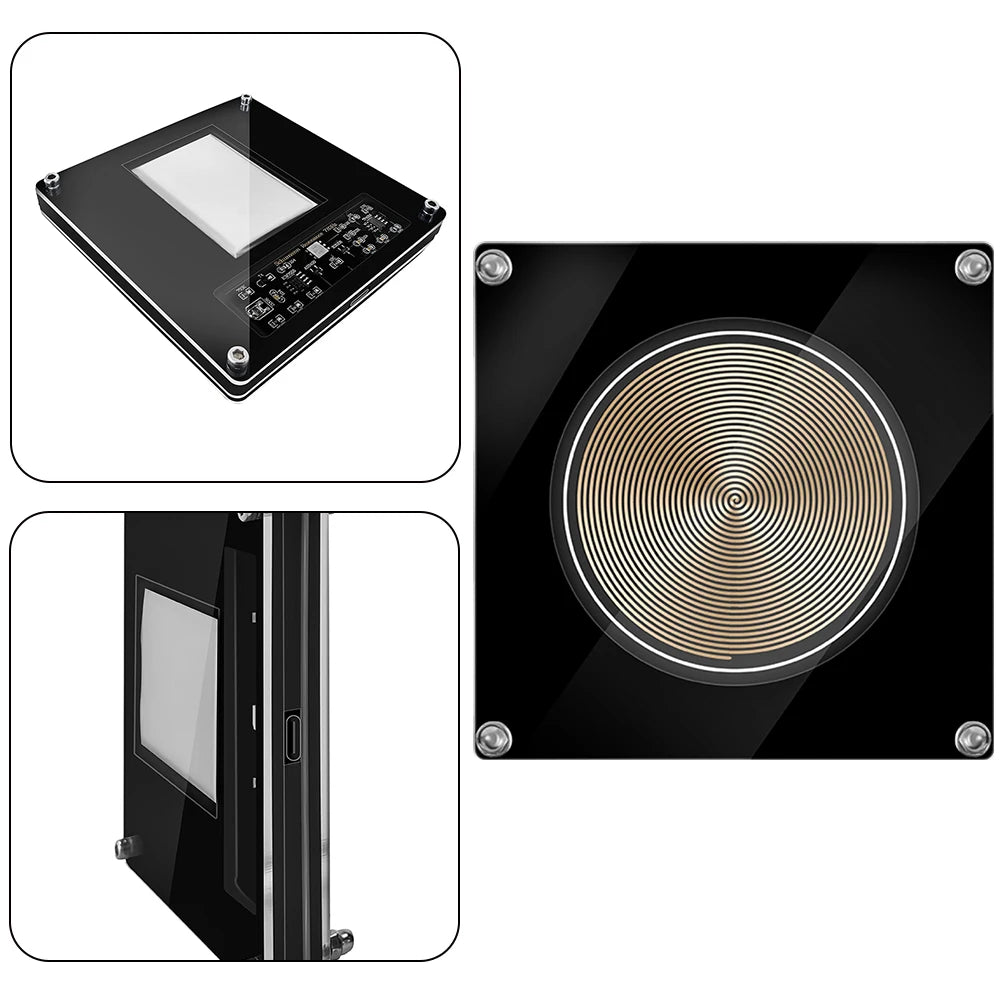 Collage of a black induction cooktop with close-up details on a white background