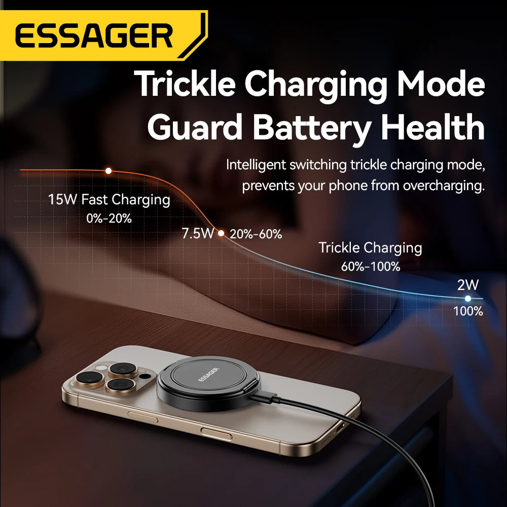 Phone with charging pad and Essager branding, highlighting trickle charging mode.
