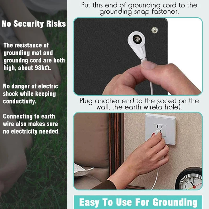 Instructions on how to use a grounding system with text and images of hands connecting a cable to a wall socket.