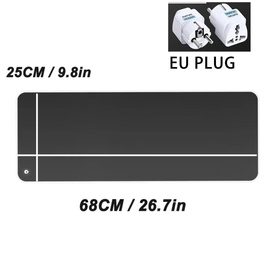 Measurement chart with EU plug illustration and dimensions on a white background