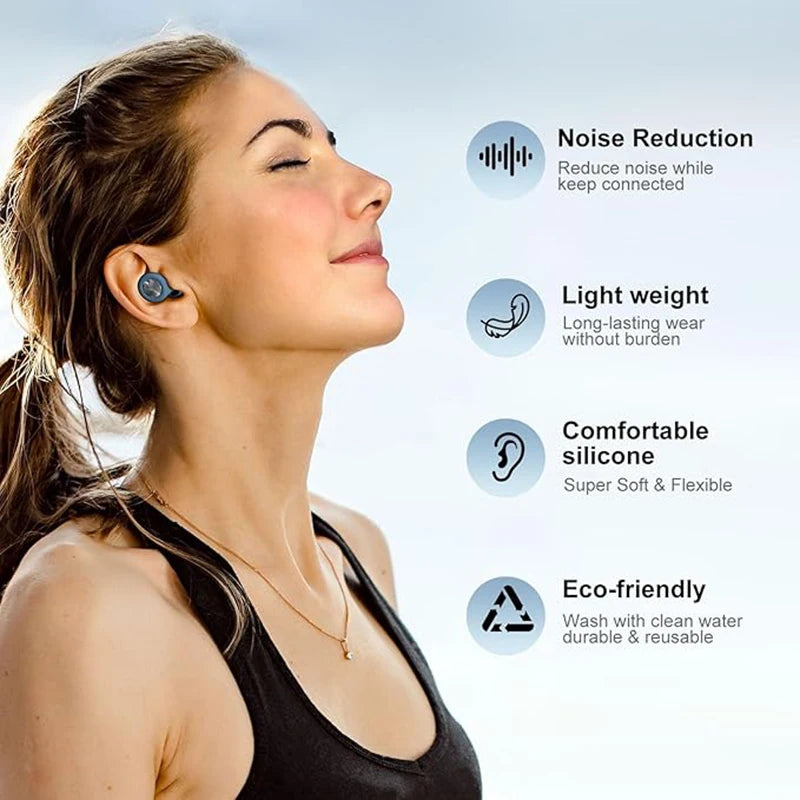 Woman wearing earbuds with product features listed on a light blue background