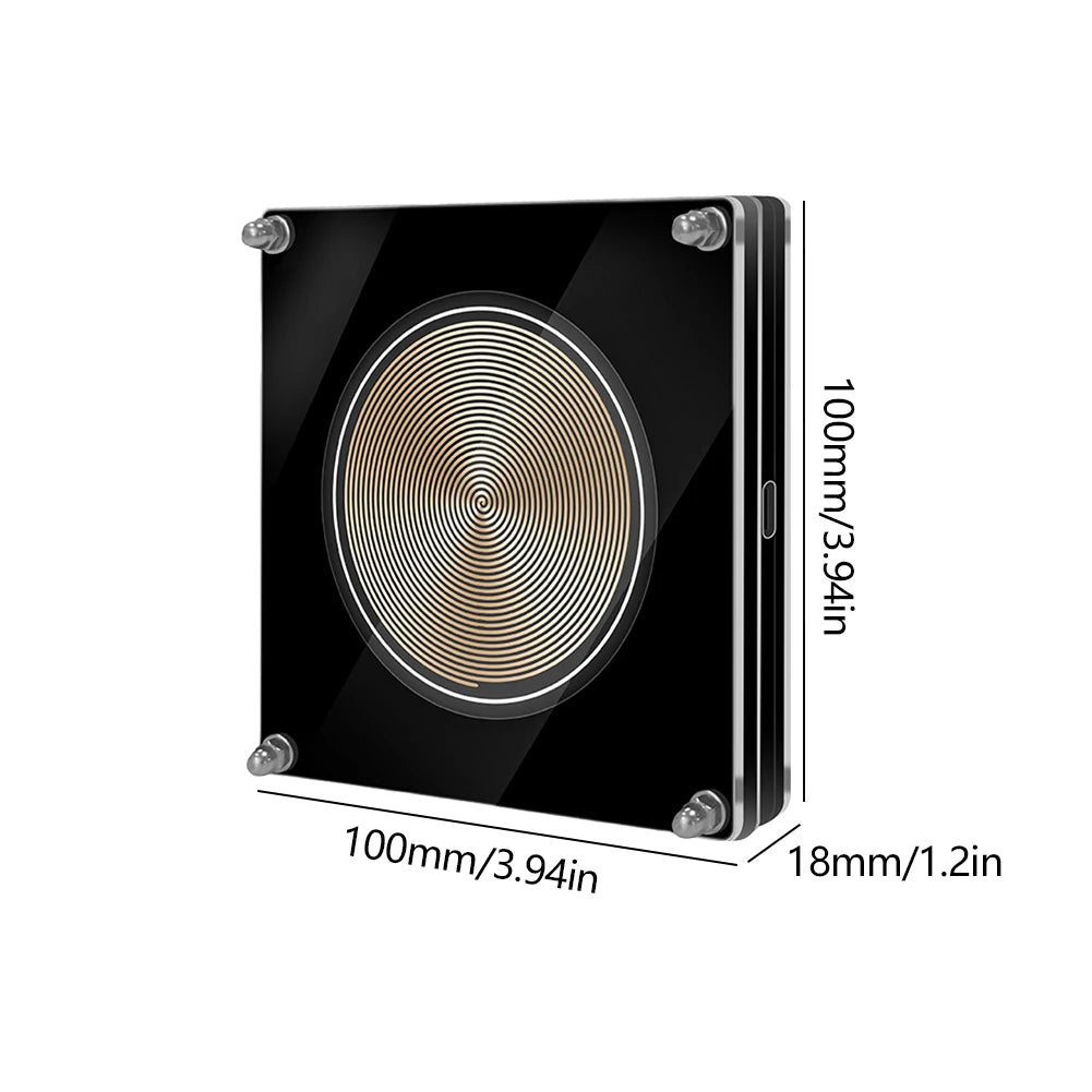 Black square filter with gold spiral design and dimensions labeled on a white background