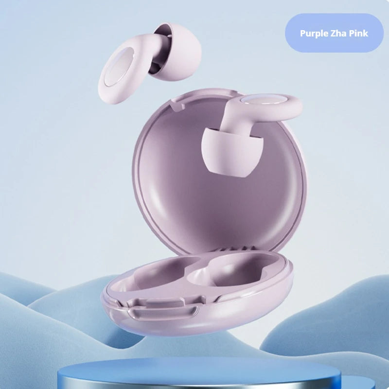 Purple wireless earbuds with charging case on a light blue background