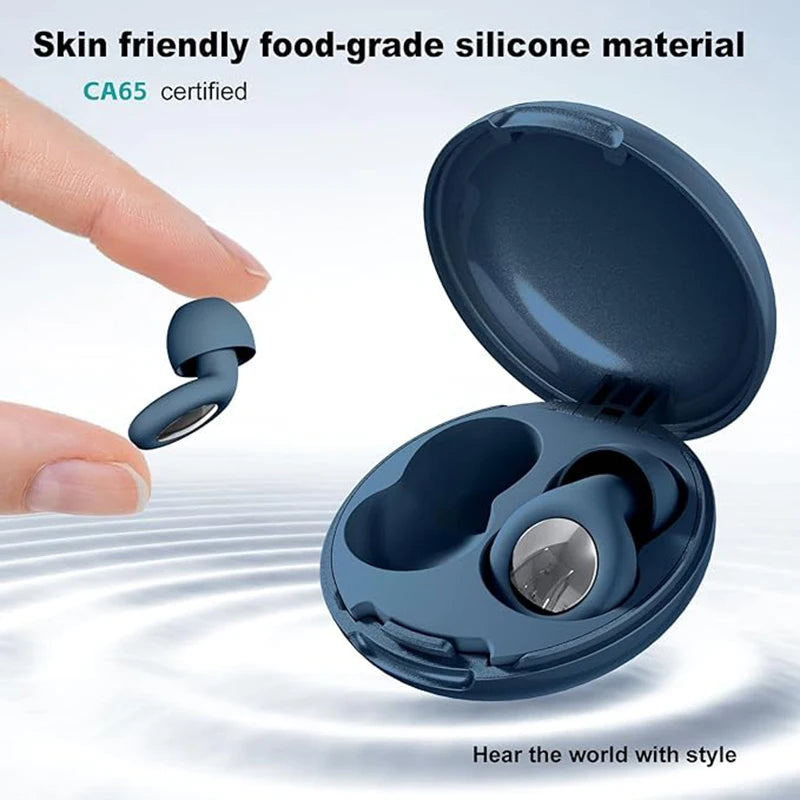 Blue wireless earbuds with charging case on a white background, featuring text about material and certification.