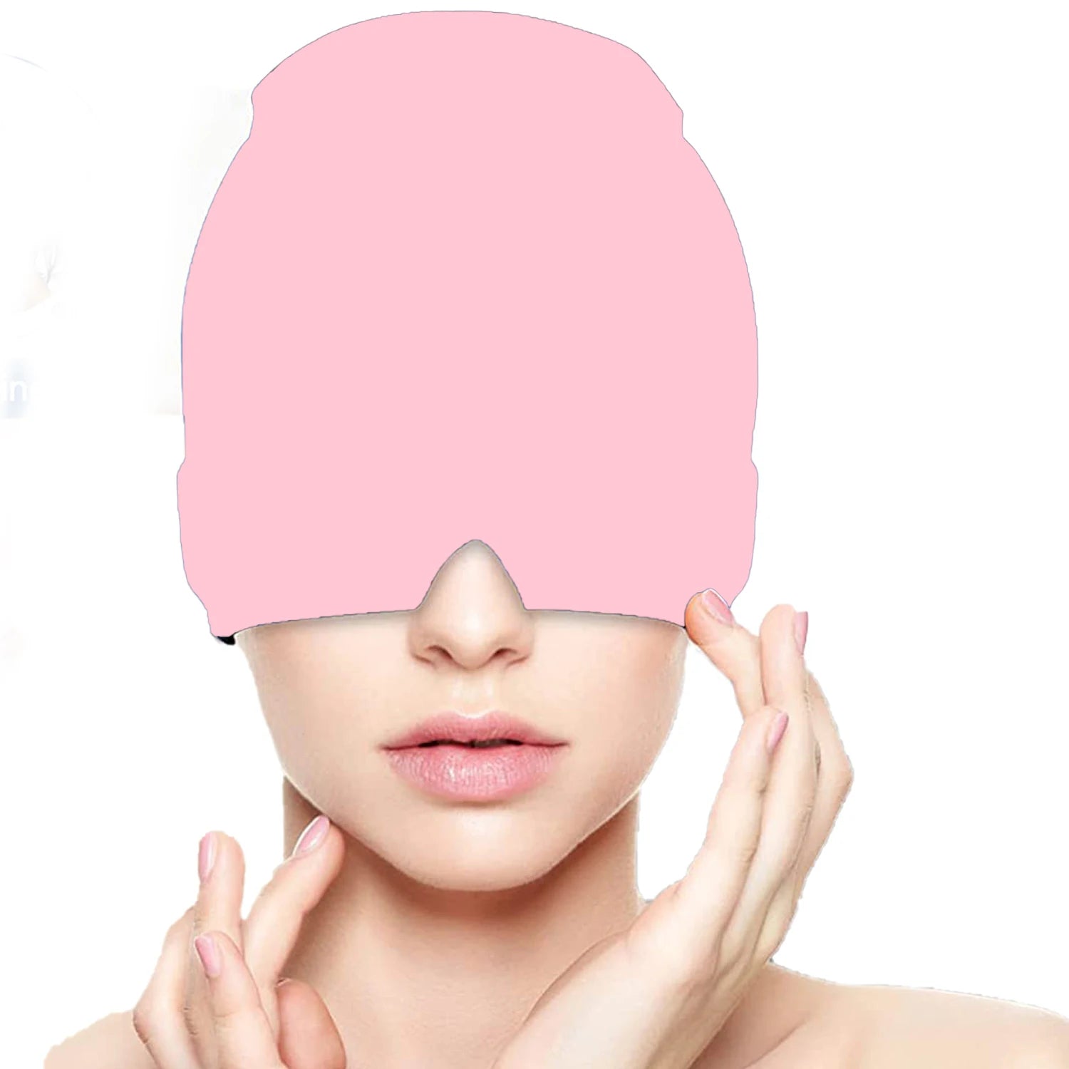 Person wearing a pink sleep mask on a white background