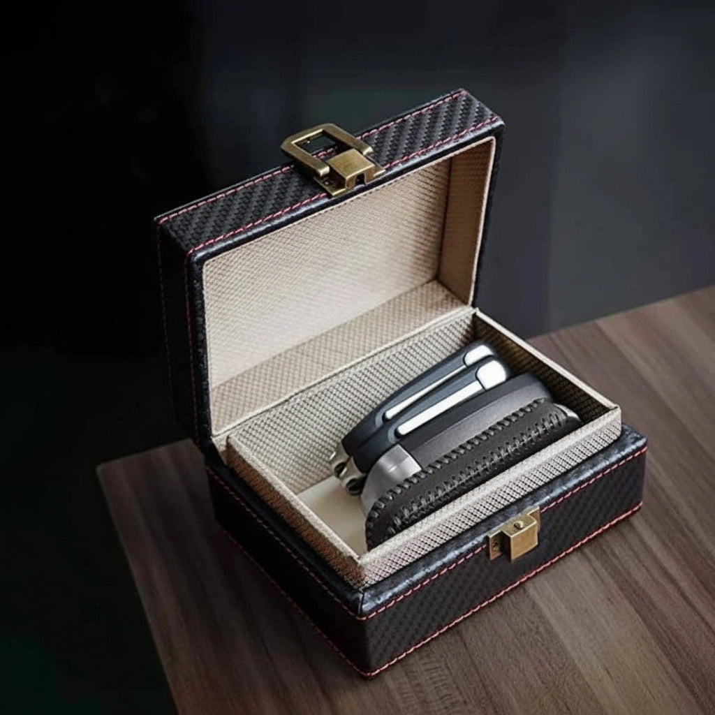 Open black leather case with a safety feature label on a wooden surface