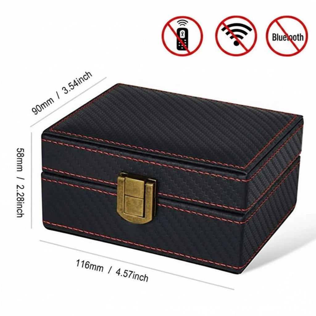 Black faraday box with red stitching on a white background