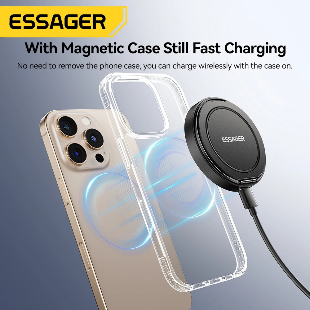 Phone case with magnetic charging feature and Essager logo on a gray background