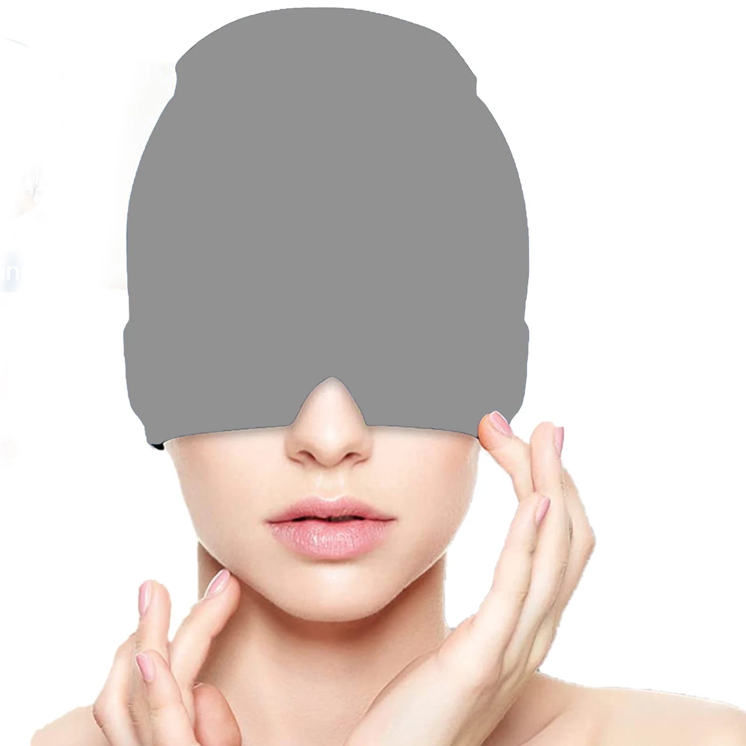 Person wearing a gray sleep mask on a white background