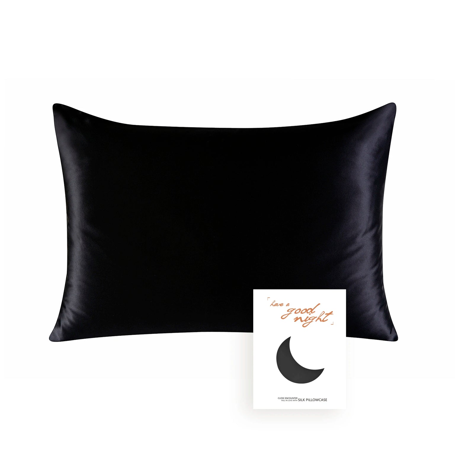 Black satin pillowcase with a card on a white background