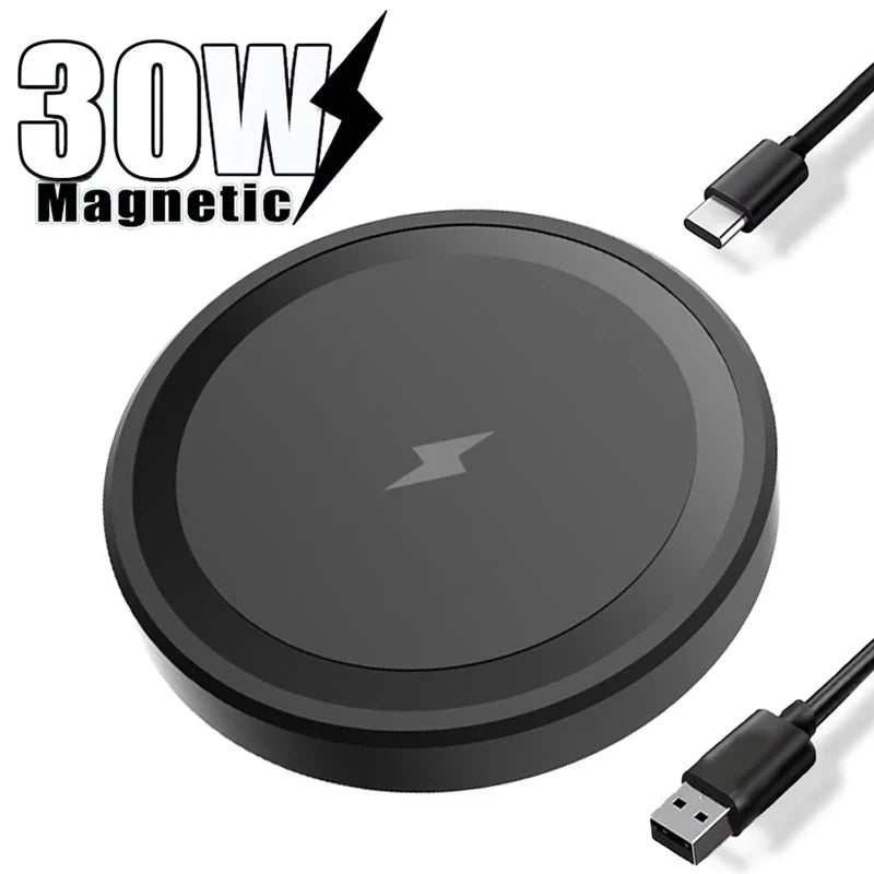 Black magnetic wireless charging pad with USB cable on a white background