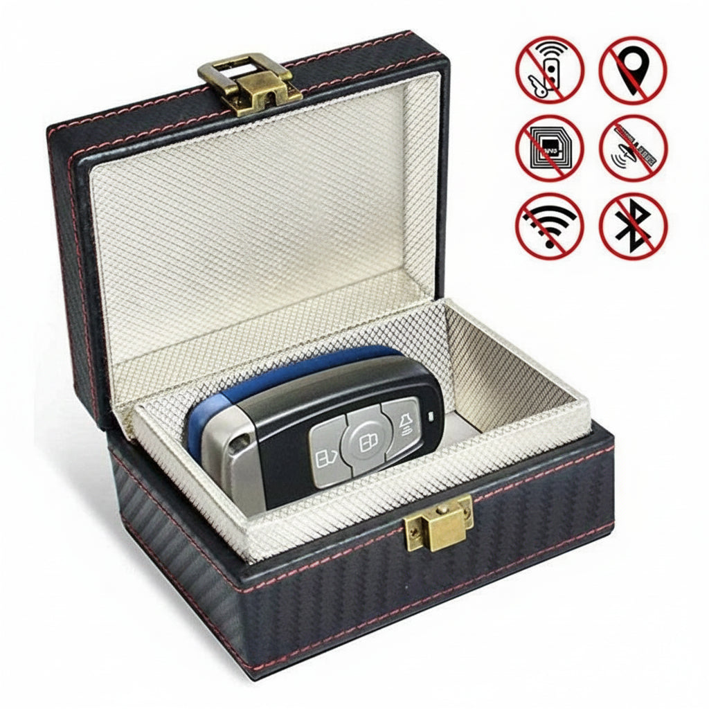 Car key fob in a decorative box with icons indicating no signal, SIM card, Wi-Fi, and Bluetooth.
