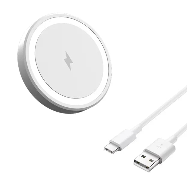 Wireless charging pad with USB cable on a white background