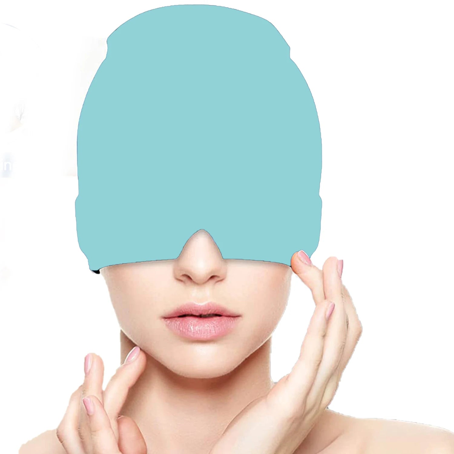 Person wearing a light blue silicone face mask on a white background
